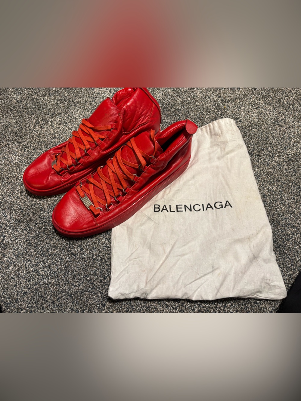 Balenciaga Men’s Red Leather Low-Top Sneakers with Orange Laces